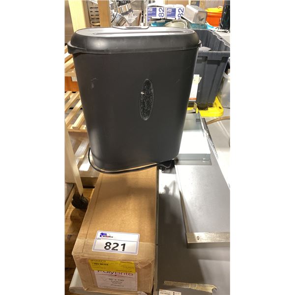 BOX OF POLY-BRITE 36" X 100' ROLL-UP FILM, 2 IKEA WALL SHELVES, & ELECTRIC OFFICE SHREDDER