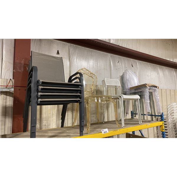 SHELF OF ASSORTED OUTDOOR CHAIRS, STACKING CHAIRS, & PLASTIC EVENT CHAIRS