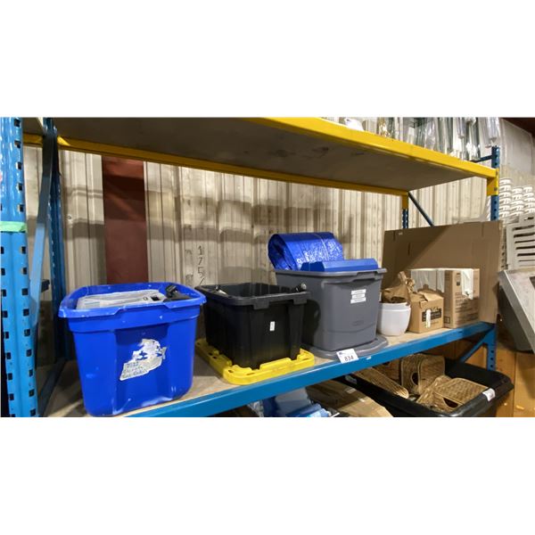 SHELF OF ASSORTED BINS OF TOOLS, & PLANT POTS *BINS INCLUDED*
