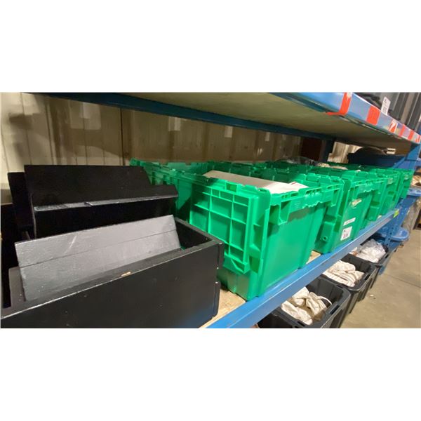 SHELF OF ASSORTED BINS OF GIG BOXES, TAKE-OUT CONTAINERS & RISERS *BINS INCLUDED*