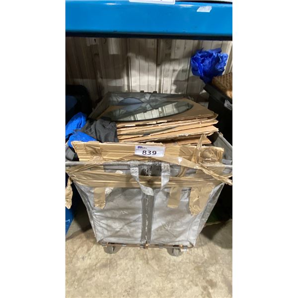 MOBILE BIN OF CUTTING BOARDS, BUTANE, & EVENT DISPLAY TABLE MIRRORS *MOBILE BIN NOT INCLUDED*
