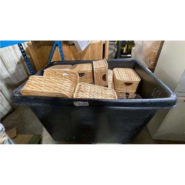 MOBILE BIN OF ASSORTED WICKER / METAL BASKETS  & EVENT DISPLAY TABLE DECOR ITEMS*MOBILE BIN NOT