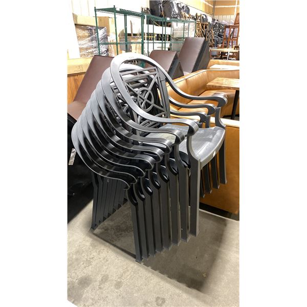 STACK OF 8 GREY PLASTIC OUTDOOR COMMERCIAL EVENT CHAIRS