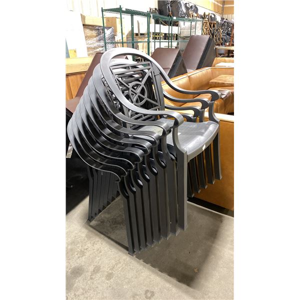 STACK OF 8 GREY PLASTIC OUTDOOR COMMERCIAL EVENT CHAIRS