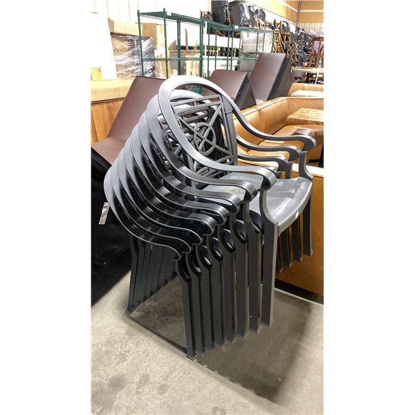 STACK OF 8 GREY PLASTIC OUTDOOR COMMERCIAL EVENT CHAIRS