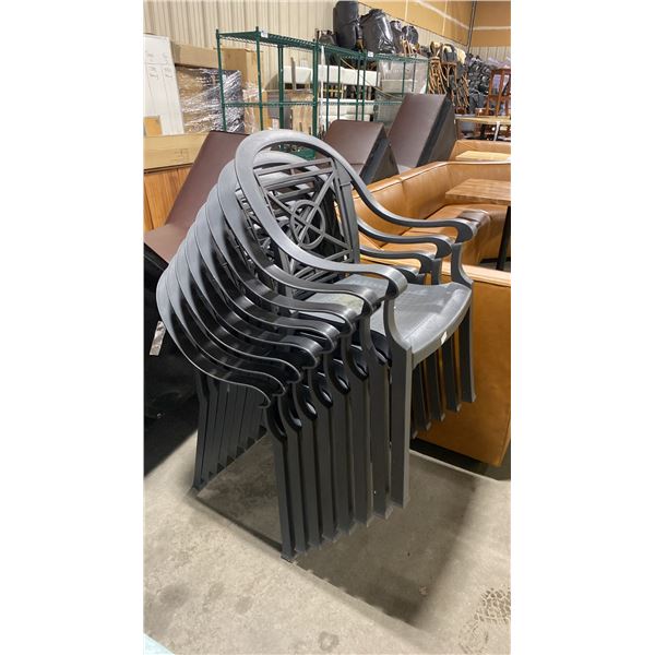 STACK OF 8 GREY PLASTIC OUTDOOR COMMERCIAL EVENT CHAIRS