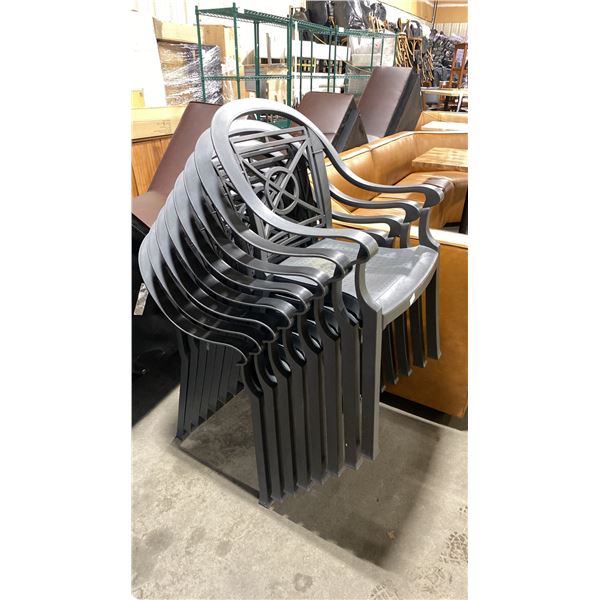 STACK OF 8 GREY PLASTIC OUTDOOR COMMERCIAL EVENT CHAIRS