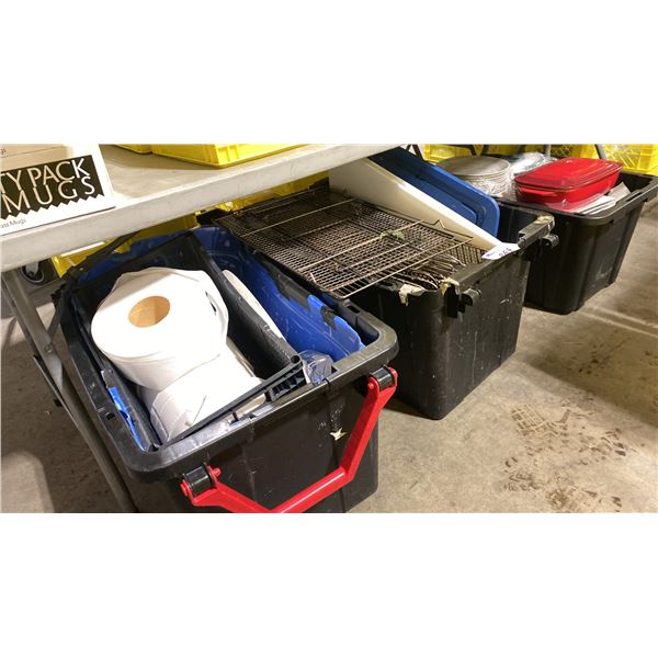 BIN OF COOLING RACKS, BIN OF COMMERCIAL DISHWARE, & BIN OF TOILET PAPER *BINS INCLUDED*