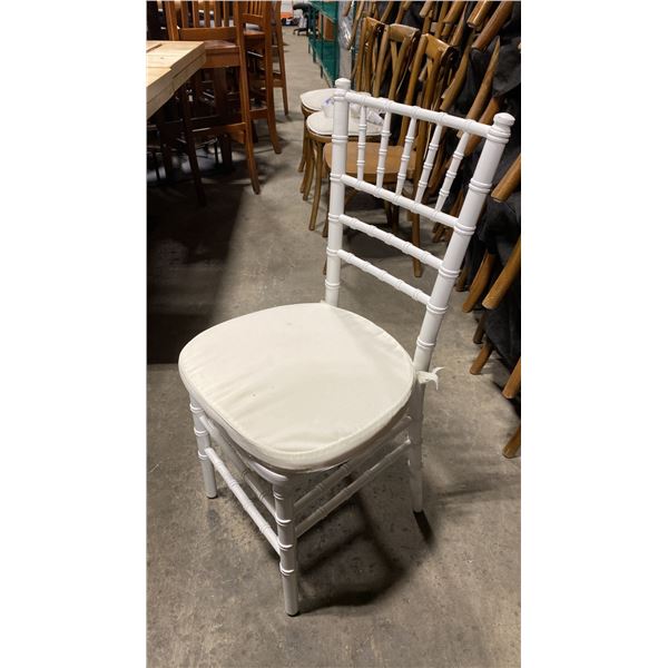 STACK OF 8 WHITE WOOD BAMBOO LOOK COMMERCIAL STACKING EVENT CHAIRS WITH CUSHIONS