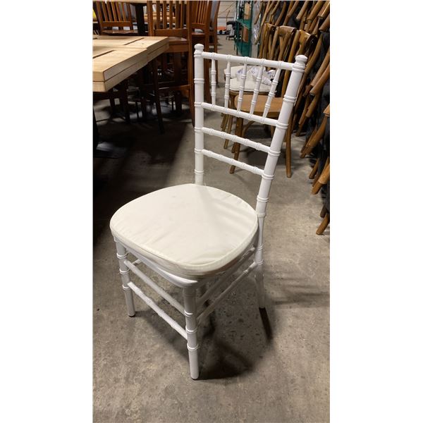 STACK OF 8 WHITE WOOD BAMBOO LOOK COMMERCIAL STACKING EVENT CHAIRS WITH CUSHIONS