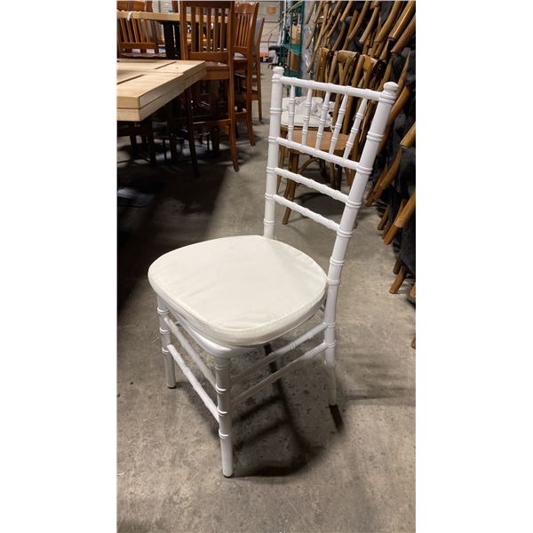 STACK OF 8 WHITE WOOD BAMBOO LOOK COMMERCIAL STACKING EVENT CHAIRS WITH CUSHIONS