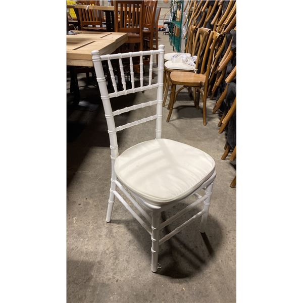 STACK OF 8 WHITE WOOD BAMBOO LOOK COMMERCIAL STACKING EVENT CHAIRS WITH CUSHIONS