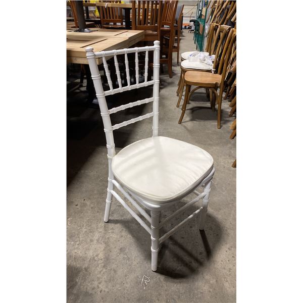 STACK OF 8 WHITE WOOD BAMBOO LOOK COMMERCIAL STACKING EVENT CHAIRS WITH CUSHIONS