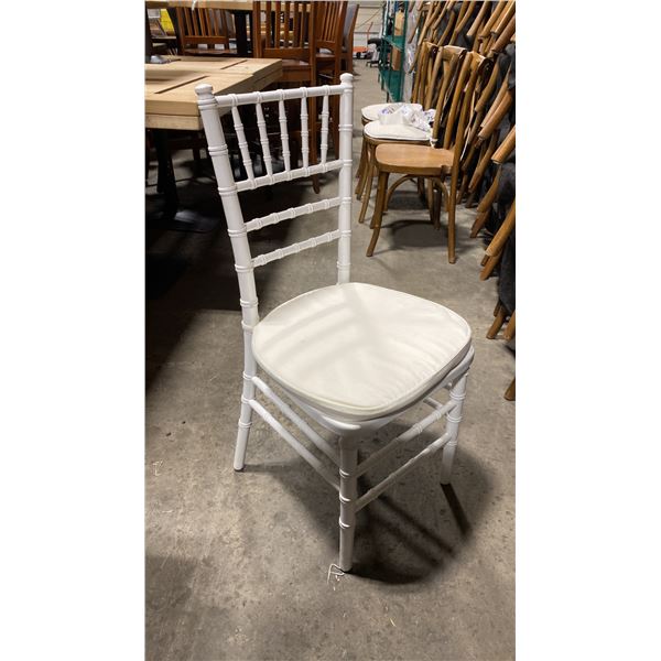 STACK OF 8 WHITE WOOD BAMBOO LOOK COMMERCIAL STACKING EVENT CHAIRS WITH CUSHIONS