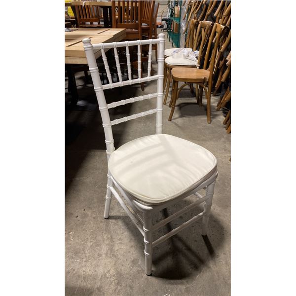 STACK OF 8 WHITE WOOD BAMBOO LOOK COMMERCIAL STACKING EVENT CHAIRS WITH CUSHIONS