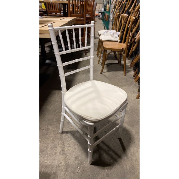 STACK OF 8 WHITE WOOD BAMBOO LOOK COMMERCIAL STACKING EVENT CHAIRS WITH CUSHIONS