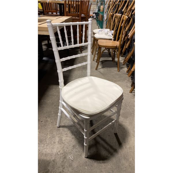 STACK OF 8 WHITE WOOD BAMBOO LOOK COMMERCIAL STACKING EVENT CHAIRS WITH CUSHIONS