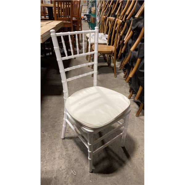 STACK OF 8 WHITE WOOD BAMBOO LOOK COMMERCIAL STACKING EVENT CHAIRS WITH CUSHIONS