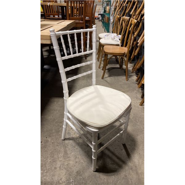 STACK OF 8 WHITE WOOD BAMBOO LOOK COMMERCIAL STACKING EVENT CHAIRS WITH CUSHIONS