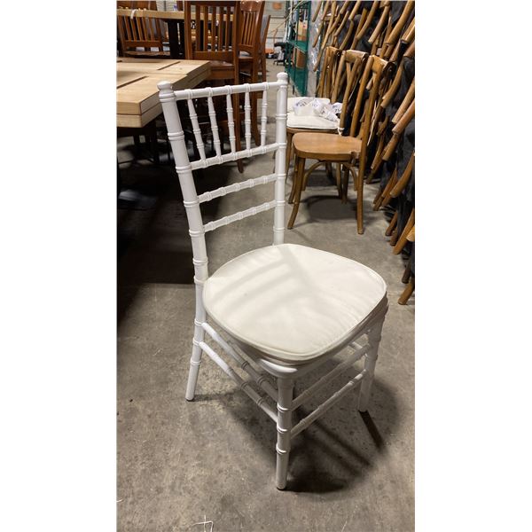 STACK OF 8 WHITE WOOD BAMBOO LOOK COMMERCIAL STACKING EVENT CHAIRS WITH CUSHIONS