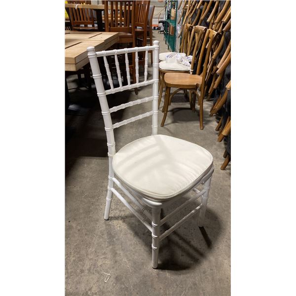 STACK OF 8 WHITE WOOD BAMBOO LOOK COMMERCIAL STACKING EVENT CHAIRS WITH CUSHIONS