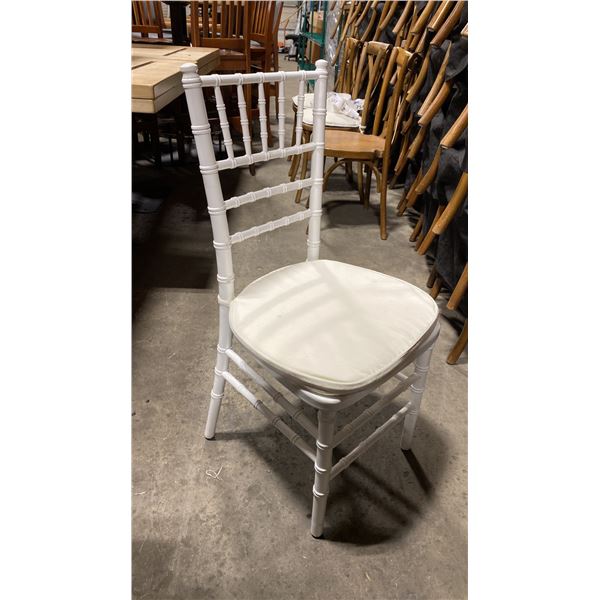 STACK OF 8 WHITE WOOD BAMBOO LOOK COMMERCIAL STACKING EVENT CHAIRS WITH CUSHIONS