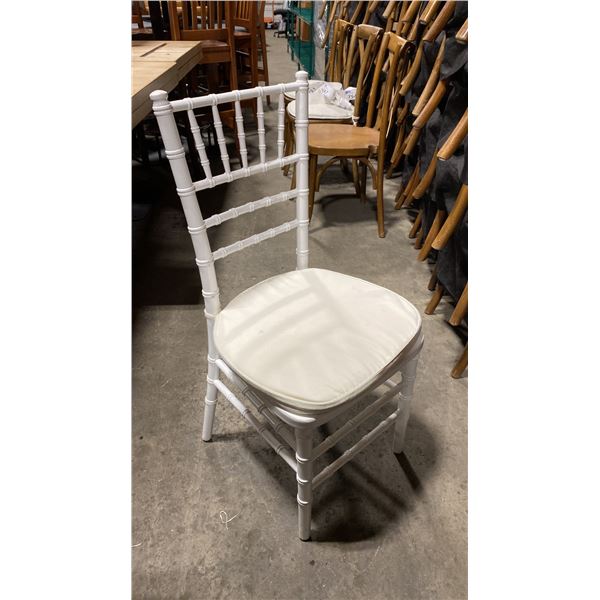 STACK OF 8 WHITE WOOD BAMBOO LOOK COMMERCIAL STACKING EVENT CHAIRS WITH CUSHIONS