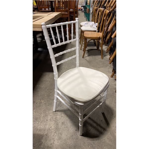 STACK OF 8 WHITE WOOD BAMBOO LOOK COMMERCIAL STACKING EVENT CHAIRS WITH CUSHIONS