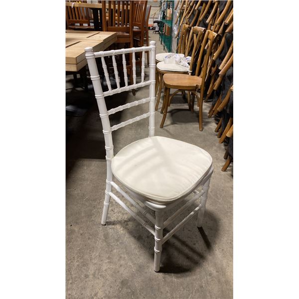STACK OF 8 WHITE WOOD BAMBOO LOOK COMMERCIAL STACKING EVENT CHAIRS WITH CUSHIONS
