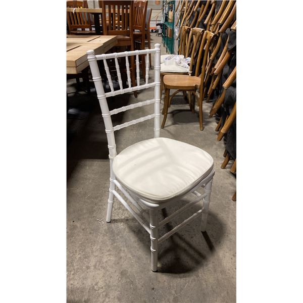 STACK OF 8 WHITE WOOD BAMBOO LOOK COMMERCIAL STACKING EVENT CHAIRS WITH CUSHIONS