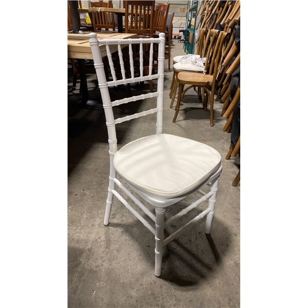 STACK OF 8 WHITE WOOD BAMBOO LOOK COMMERCIAL STACKING EVENT CHAIRS WITH CUSHIONS