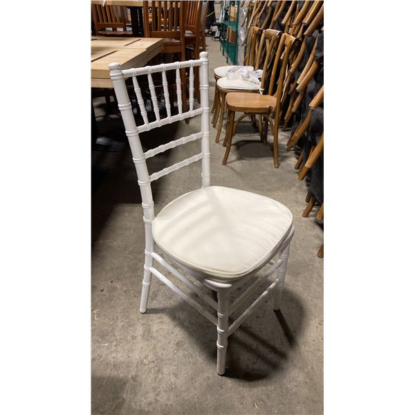 STACK OF 8 WHITE WOOD BAMBOO LOOK COMMERCIAL STACKING EVENT CHAIRS WITH CUSHIONS