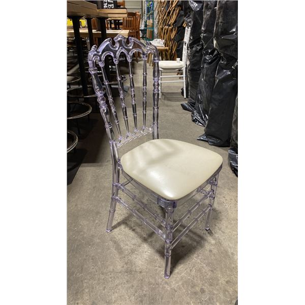 STACK OF 8 CLEAR PLASTIC COMMERCIAL STACKING EVENT CHAIRS WITH CUSHIONS