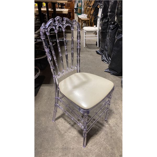 STACK OF 8 CLEAR PLASTIC COMMERCIAL STACKING EVENT CHAIRS WITH CUSHIONS