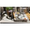 Image 1 : HOT LIQUID DISPENSER, BASKET OF ASSORTED TEA POTS, GLASSES, STRAINERS, MENUS & BUTCHERBLOCK CUTTING