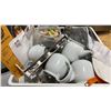 Image 3 : HOT LIQUID DISPENSER, BASKET OF ASSORTED TEA POTS, GLASSES, STRAINERS, MENUS & BUTCHERBLOCK CUTTING