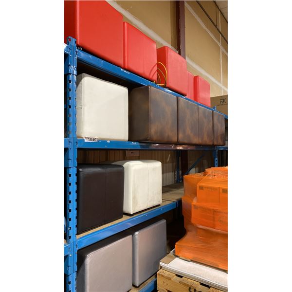18 ASSORTED BLACK, BROWN, WHITE, RED, & SILVER VINYL COMMERCIAL EVENT DISPLAY CUBES / OTTOMANS