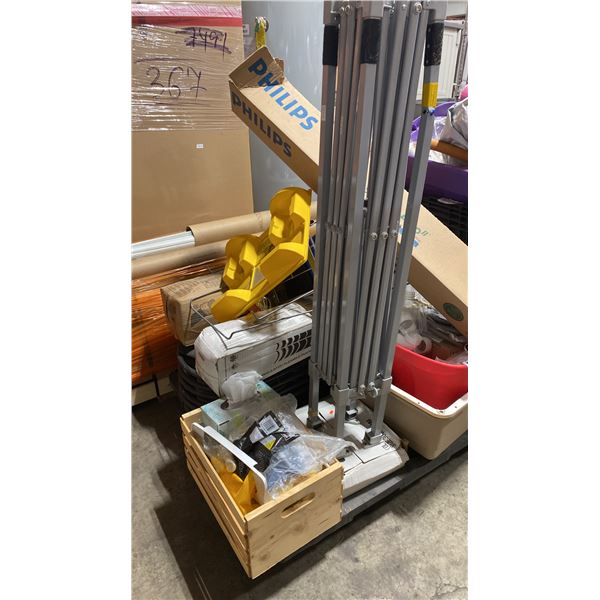 PALLET OF ASSORTED FOLDING CHAIRS, TENT BUILDING FRAME, BRAIDED HOSES & ASSORTED EVENT RENTAL ITEMS