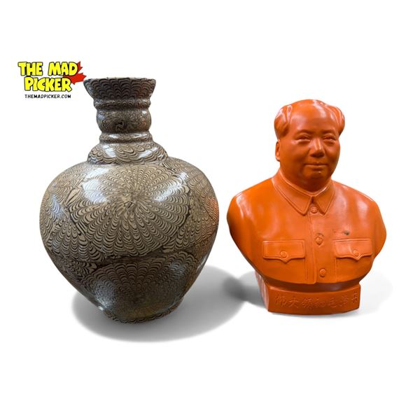 2x Vintage Collectibles: Pottery Vase & Mao Zedong Statue