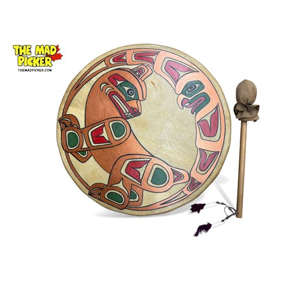 Vintage Well Made First Nations Hide Drum & Mallet With Moon & Wolf Details