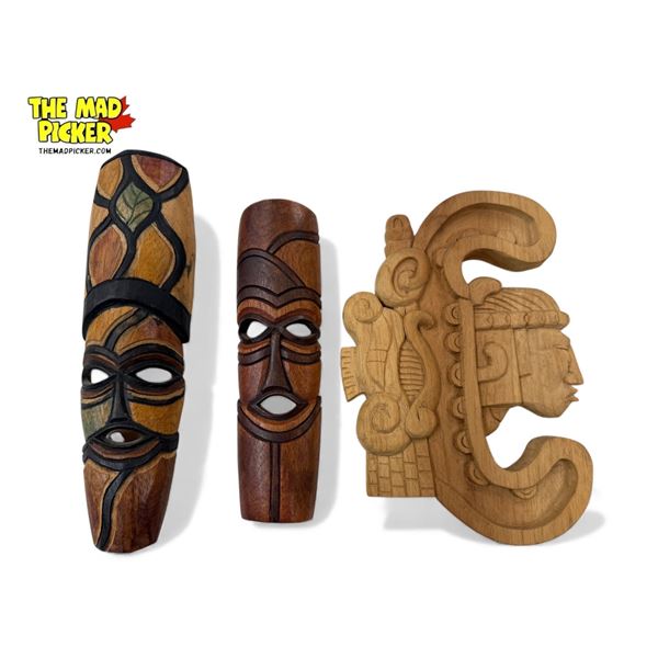 3x Wooden Hand Carving Plaques: 2x African & 1 Mexican (Artist Signed 2005)