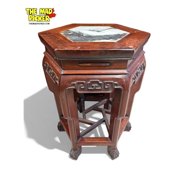 Vintage Chinese Rosewood Stone Inlay Hexagonal Pedestal