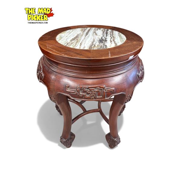 Vintage Chinese Rosewood Stone Inlay Round Pedestal