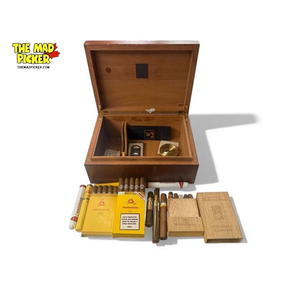 Vintage Smokers Lot: Humidor, Cigar Cutter, Assorted Cigars (Cohiba, Montecristo, & More)