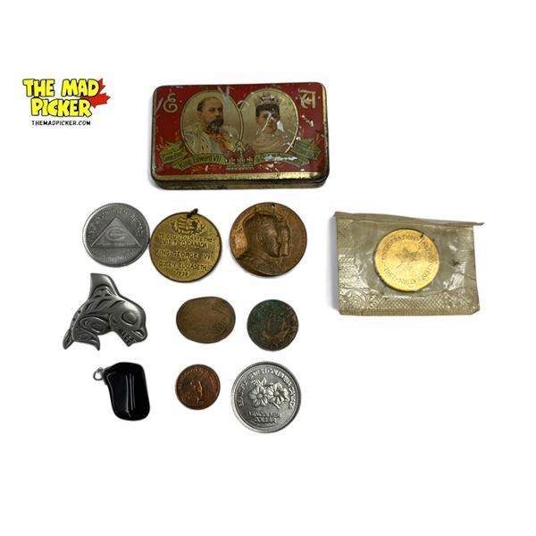 Vintage Variety: First Nations Killer Whale Pin Back, Canadian Coins, & Coronation Collectibles