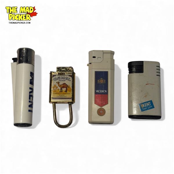 4x Vintage Cigarette Advertising Lighters : Camel, Kent, Viceroy