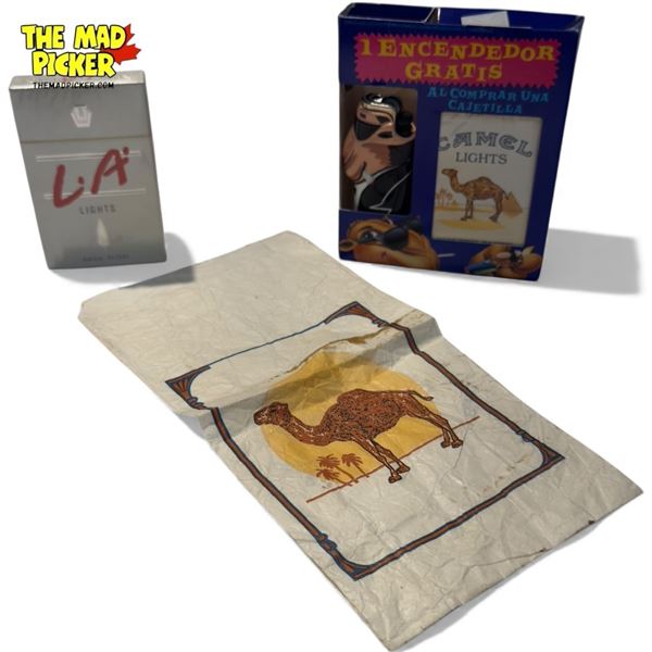3x Vintage Cigarette Collectibles: Camel Paper Bag, Lighter + Cigarettes, & LA Cigarettes