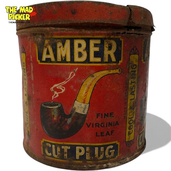 Vintage Amber Cut Plug Tobacco Tin With Great Wrap Around PIpe Graphics