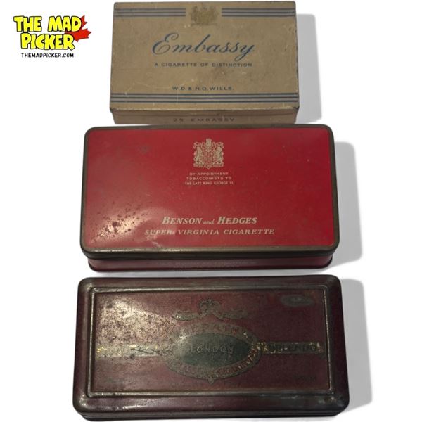 3x Vintage Cigarette Tins : Embassy, Benson & Hedges, + Ardath