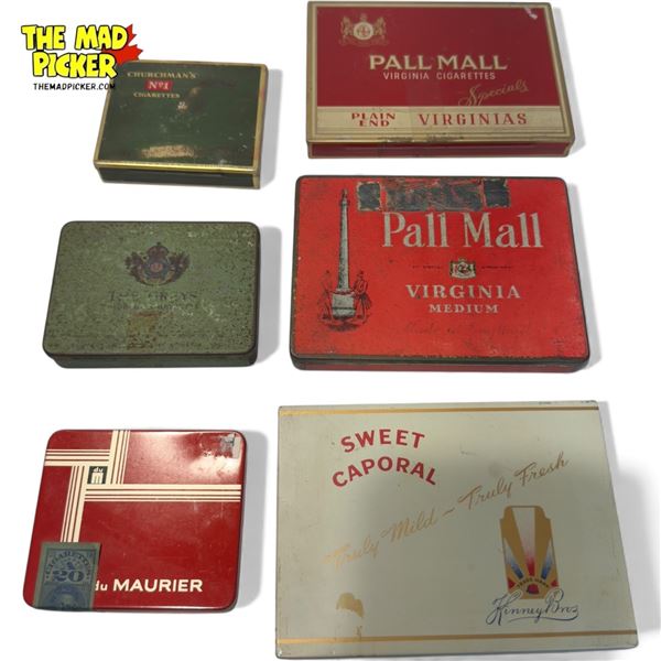 6x Vintage Cigarette Tins: du Maurier, Paul Mall, Sweet Caporal, Churchman's, & More